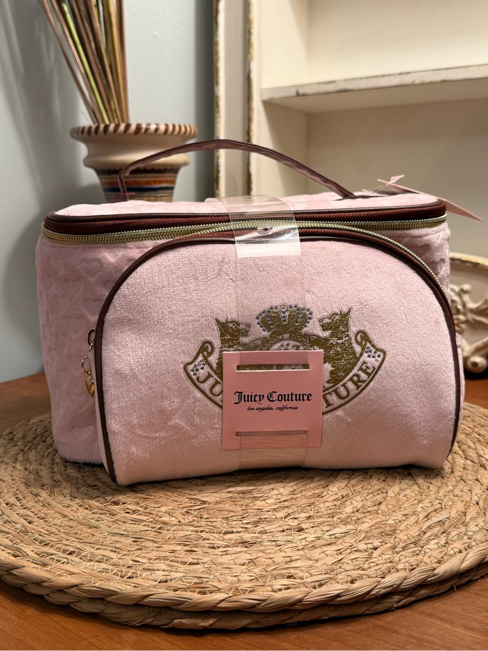 Juicy Couture Light Pink Plush Cosmetic Travel Case with Gold Crest